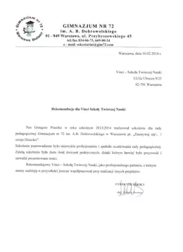 List referencyjny dla Vinci