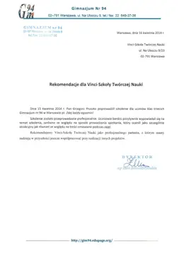 List referencyjny dla Vinci